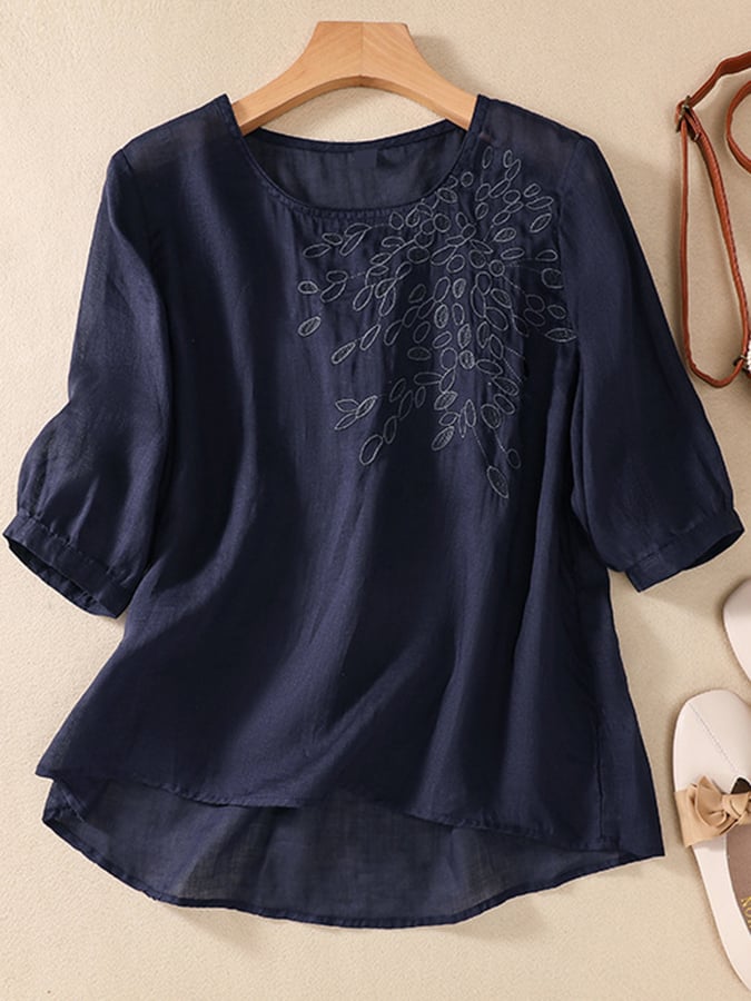 Lovevop Solid Color Round Neck Embroidered Casual Top