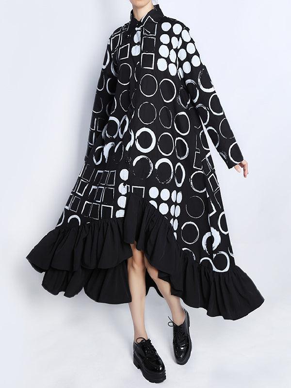 lovevop Casual High-Low Long Sleeves Polka-Dot Printed Falbala Black Midi Dress