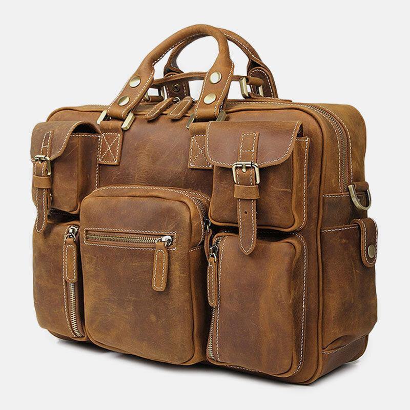 lovevop Men Genuine Leather Detachable Strap Large Multi-Pocket 15.6 Inch Laptop Bag Briefcase Messenger Bag Crossbody Bags