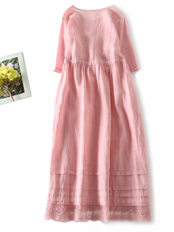 Lovevop Cotton And Linen Lace Up Round Neck Loose Dress