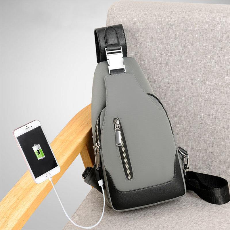 lovevop Men Oxford USB Charging Waterproof Casual Outdoor Crossbody Bag Chest Bag Sling Bag