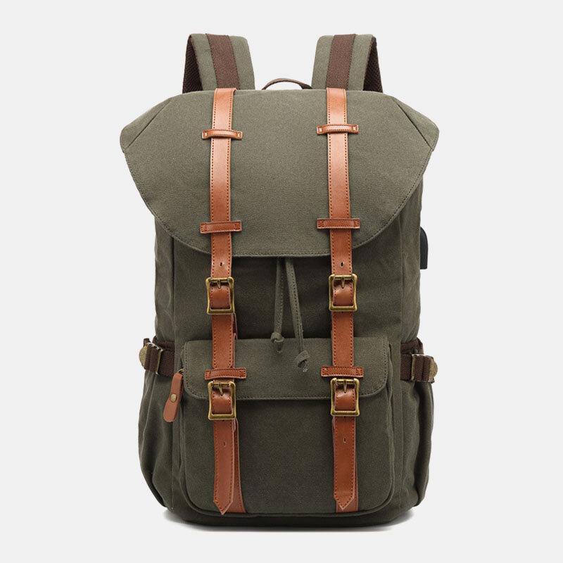 lovevop Men Genuine Leather And Canvas USB Charging Retro Travel Outdoor Large Capacity Backpack