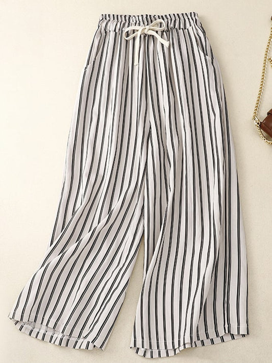 Lovevop Cotton Stripe Elastic Waist Wide Leg Trousers