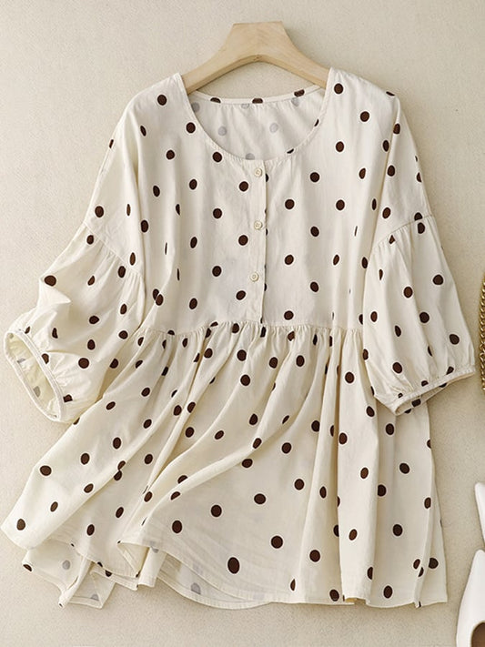 Lovevop Round Neck Classic Polka Dot Print Casual Top
