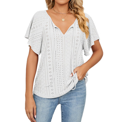 Women's solid colour V-neck lace-up loose t-shirt