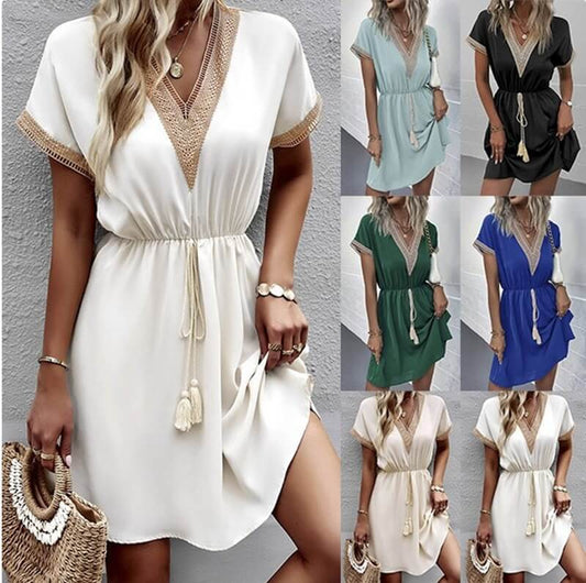 V-neck gathered waist dress