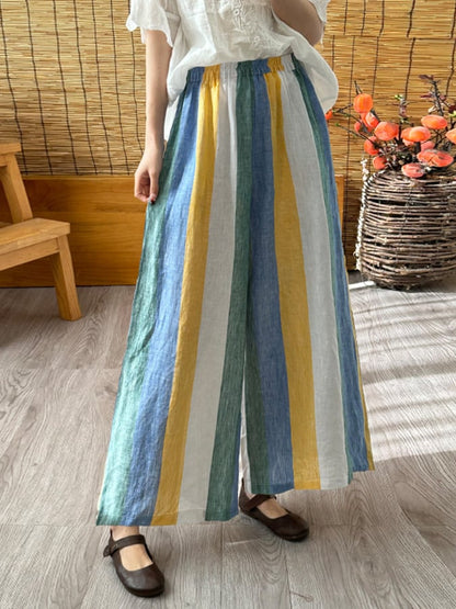 Lovevop Cotton Colorful Stripe Contrast Wide Leg Trousers