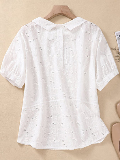 Lovevop Cotton Peter Pan Neck Hollow Embroidered Sleeves Casual Shirt