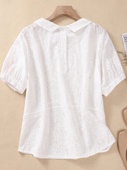Lovevop Cotton Peter Pan Neck Hollow Embroidered Sleeves Casual Shirt
