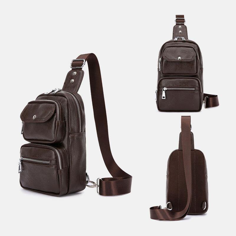 lovevop Men PU Leather Multi-pocket Large Capacity Vintage Crossbody Bag Chest Bag Sling Bag