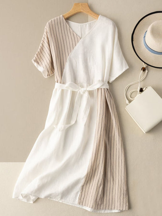 Lovevop Linen And Cotton Striped Panel Dress