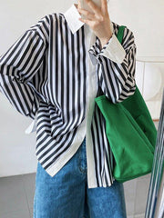 lovevop Simple Long Sleeves Contrast Color Striped Lapel Blouse Top