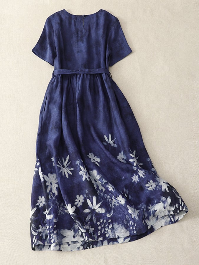 Cotton And Linen Floral Belt Dress