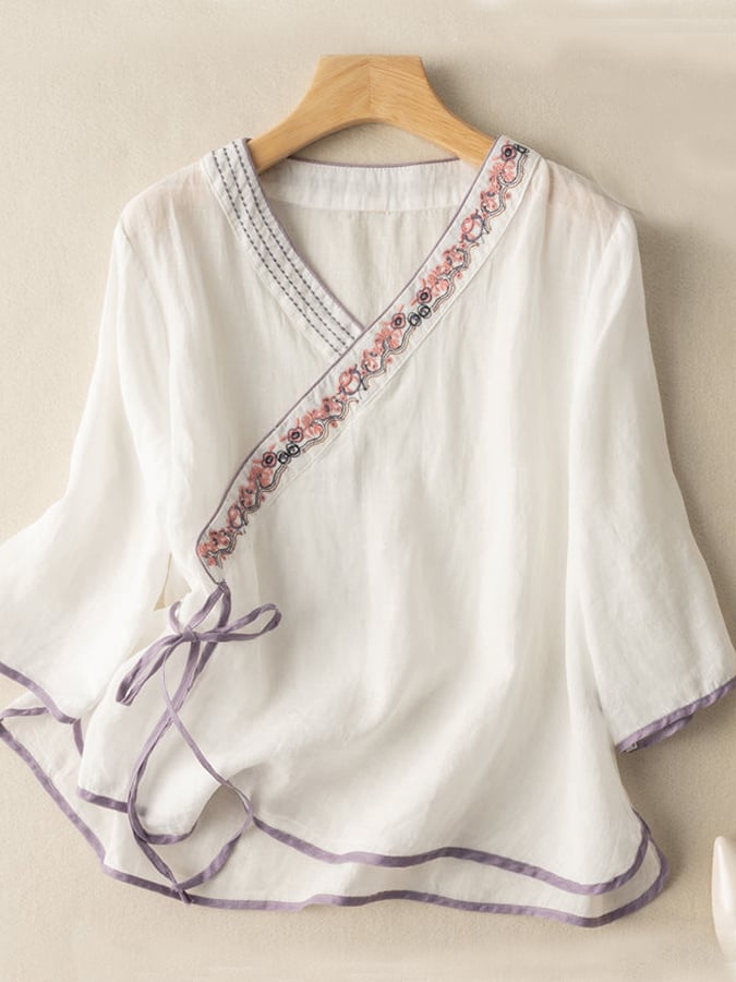 Lovevop Cotton Artistic Color Matching Embroidery Loose Shirt