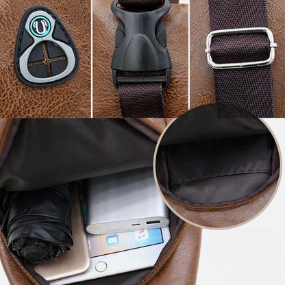 lovevop Men Faux Leather USB Charging Earphone Travel Retro Business Chest Bag Crossbody Bag