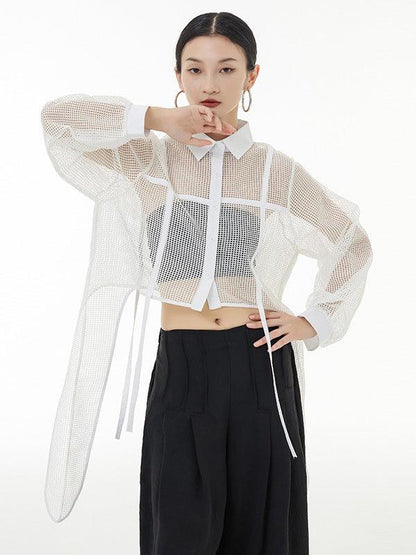 lovevop Stylish Long Sleeves Loose Mesh See-Through Sun Protection Blouses&Shirts Tops