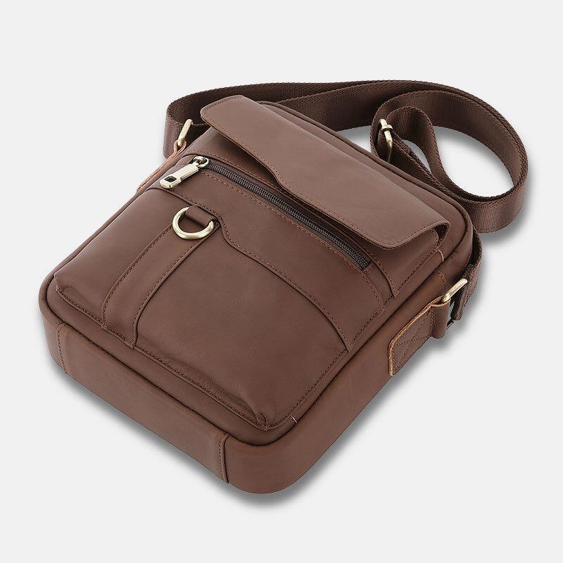 lovevop Men Genuine Leather Large Capacity Vintage Casual 6.5 Inch Phone Bag Crossbody Bag Shoulder Bag Messenger Briefcase