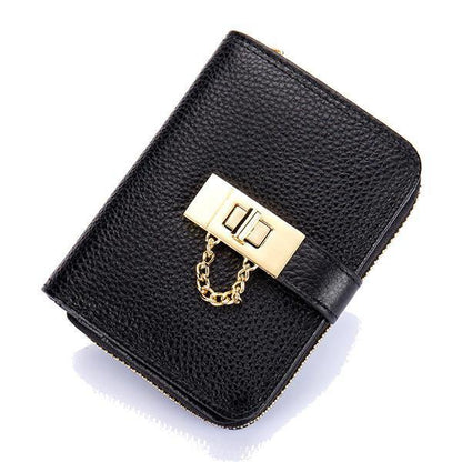 elvesmall Women Genuine Leather Zipper Card Holder Chain Lock Short Purse Wallets