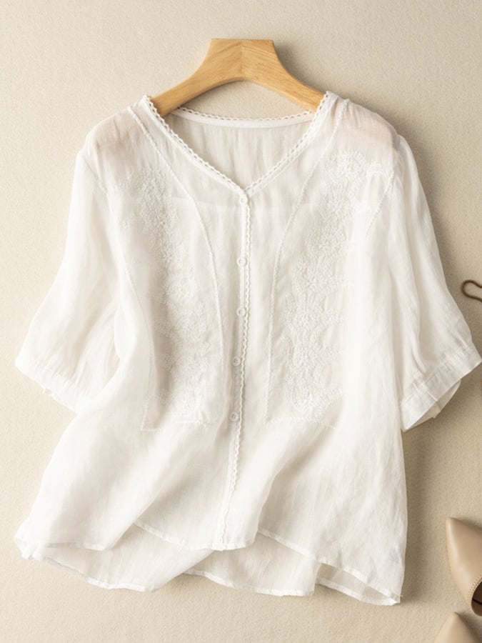 Lovevop Cotton Embroidered V-Neck Loose 3/4 Sleeve Shirt