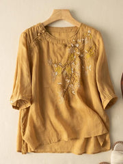 Lovevop Cotton Ethnic Style Embroidered Round Neck Loose Shirt