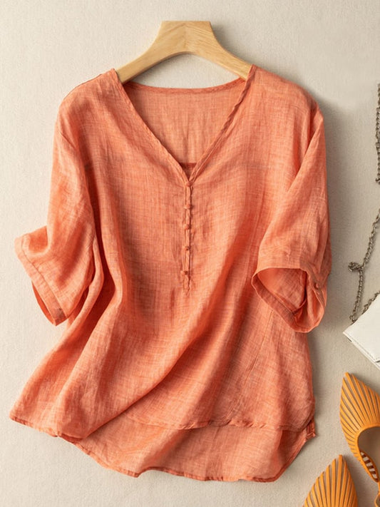 Lovevop Solid Color Fashionable V-Neck Short Sleeved Shirt