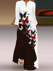 Women's Floral Butterflies Print Long-Sleeve Dress
