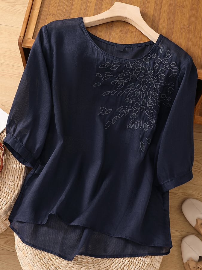 Lovevop Solid Color Round Neck Embroidered Casual Top