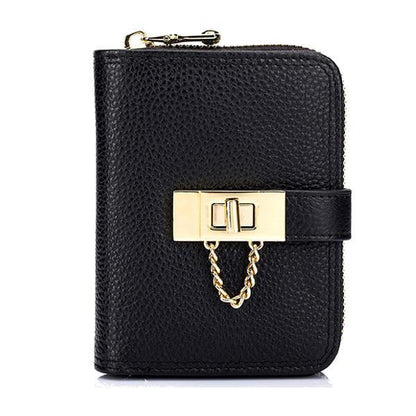 elvesmall Women Genuine Leather Zipper Card Holder Chain Lock Short Purse Wallets