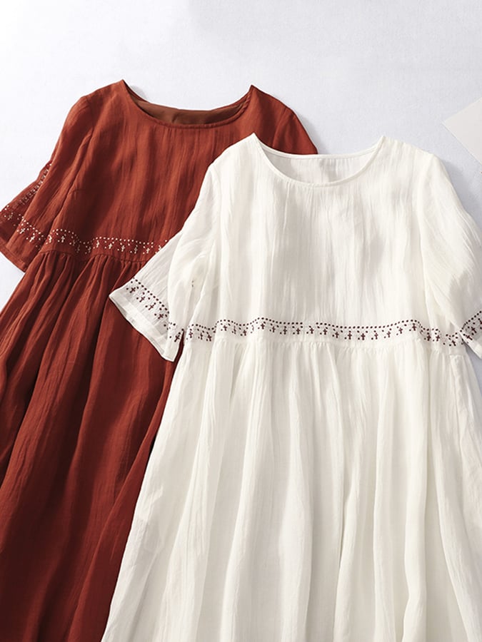 Lovevop Cotton And Linen Embroidered Loose Dress