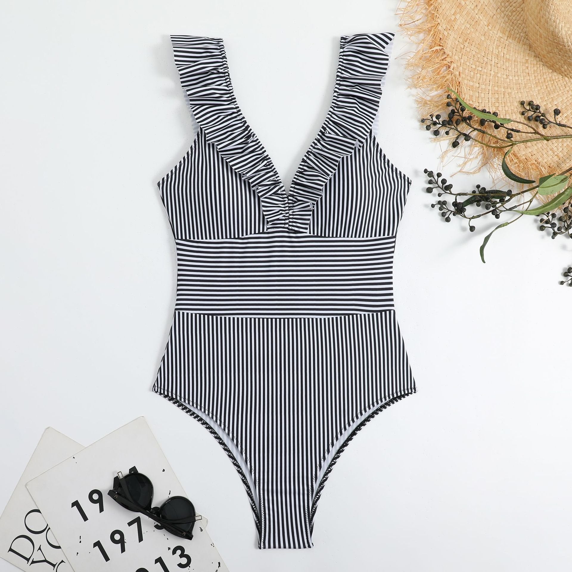 Elegant ruffles stripe one pieces swimwear