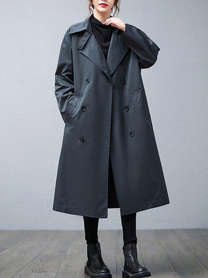 lovevop Loose Buttoned Notched Collar Trench Coat