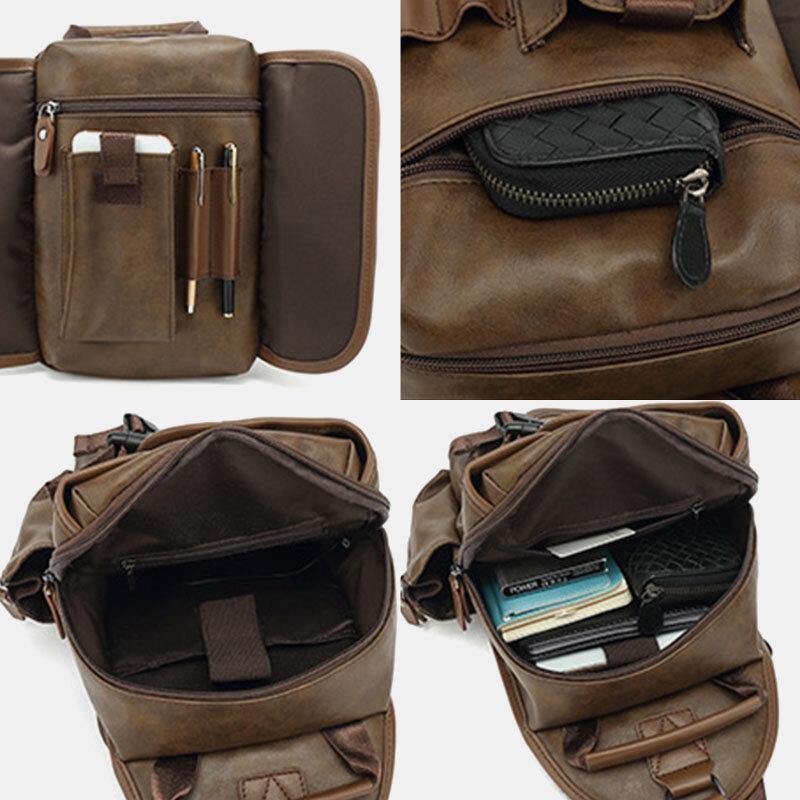 lovevop Men PU Leather Vintage Multifunction Earphone Hole USB Charging Crossbody Bag Chest Bag Sling Bag