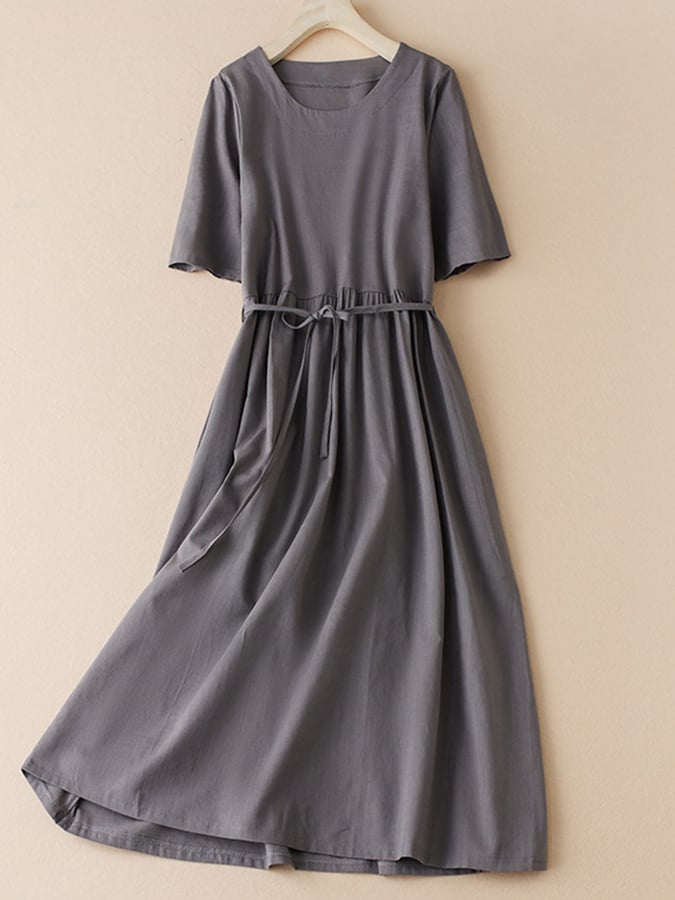 Lovevop Cotton Linen Solid Color Round Neck Short Sleeve Dress