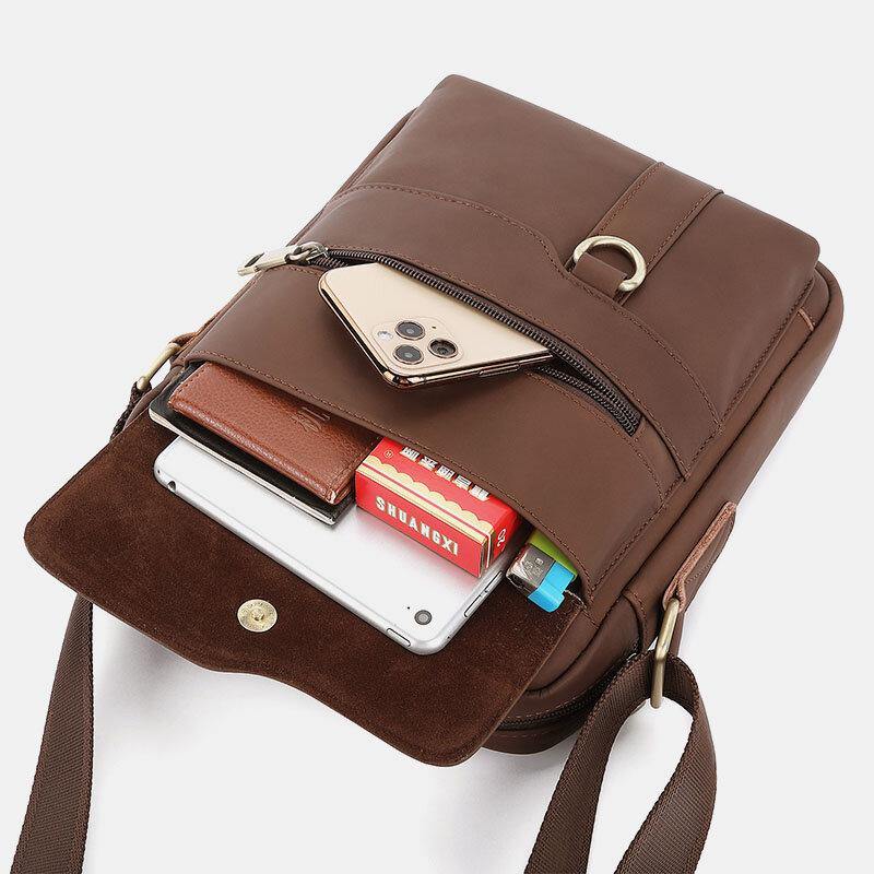 lovevop Men Genuine Leather Large Capacity Vintage Casual 6.5 Inch Phone Bag Crossbody Bag Shoulder Bag Messenger Briefcase