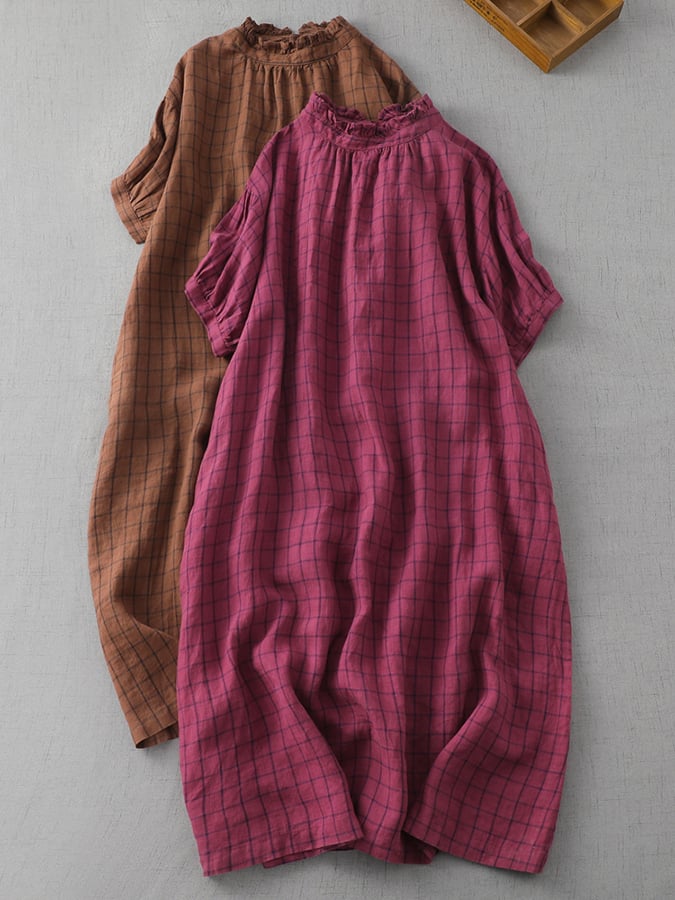 Lovevop Cotton And Linen Plaid Loose Standing Neck 3/4 Sleeve Dress