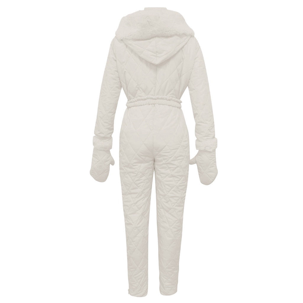 Winter Hooded Jumpsuits Parka Elegant Cotton Padded Warm Sashes Ski Suit Straight Zipper One Piece Women Tracksuits Thick