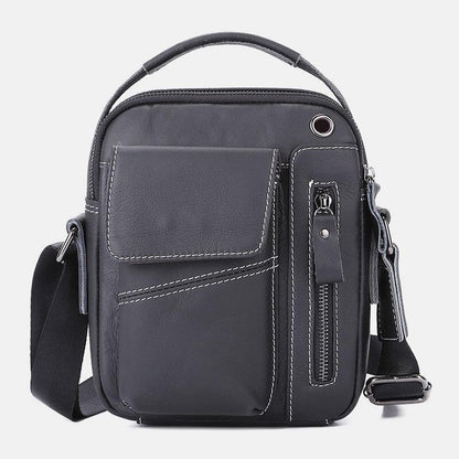 lovevop Men Genuine Leather Multi-pocket Headphone Hole Vintage 6.5 Inch Phone Bag Crossbody Bag Shoulder Bag Messenger Briefcase