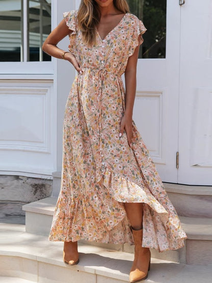 V-Neck Printed Dress Single-breasted Irregular Waist Belt Long Dress