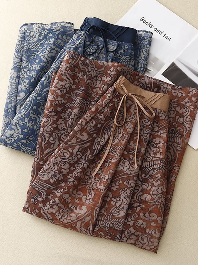 Lovevop Retro Pattern Print Belt Waist Contrast Color Loose Skirt