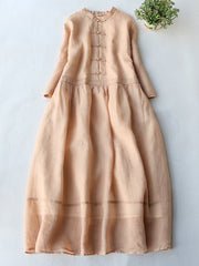 Cotton And Linen Standing Collar Retro Button Up Solid Color Loose Dress