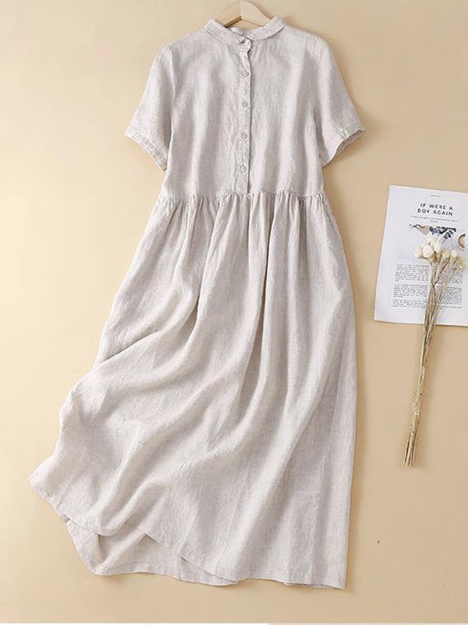 Lovevop Cotton Linen Short Sleeved Solid Color Casual Dress