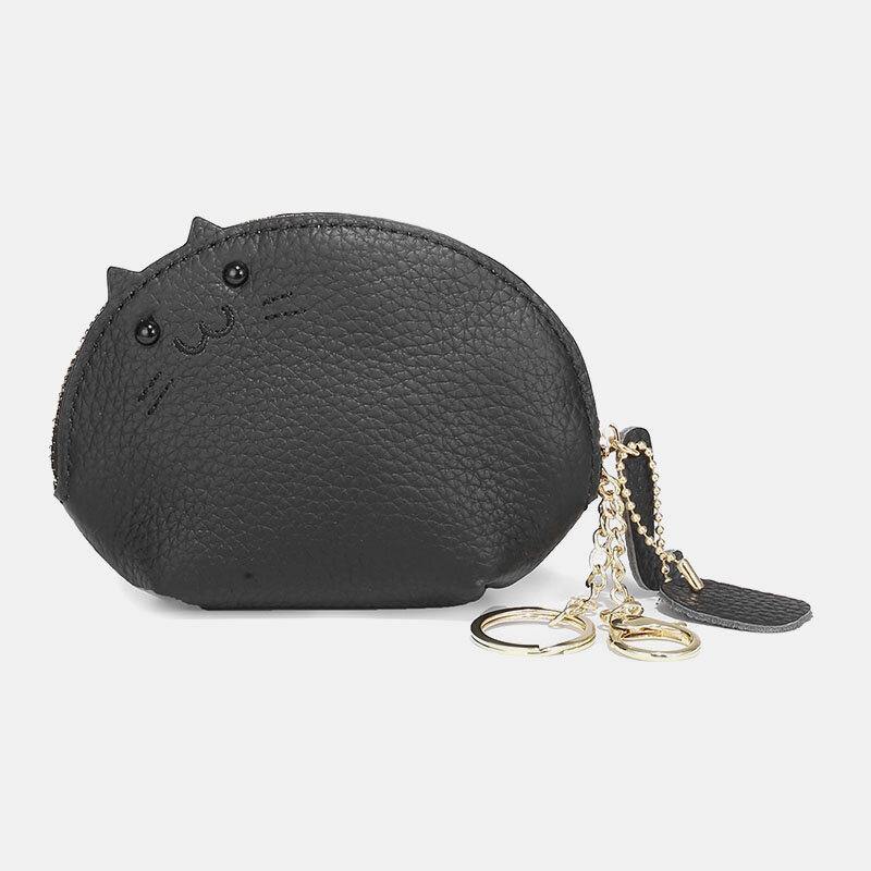 elvesmall Women Genuine Leather Casual Cute Animal Cat Pattern Mini Hanging Coin Bag Storage Bag