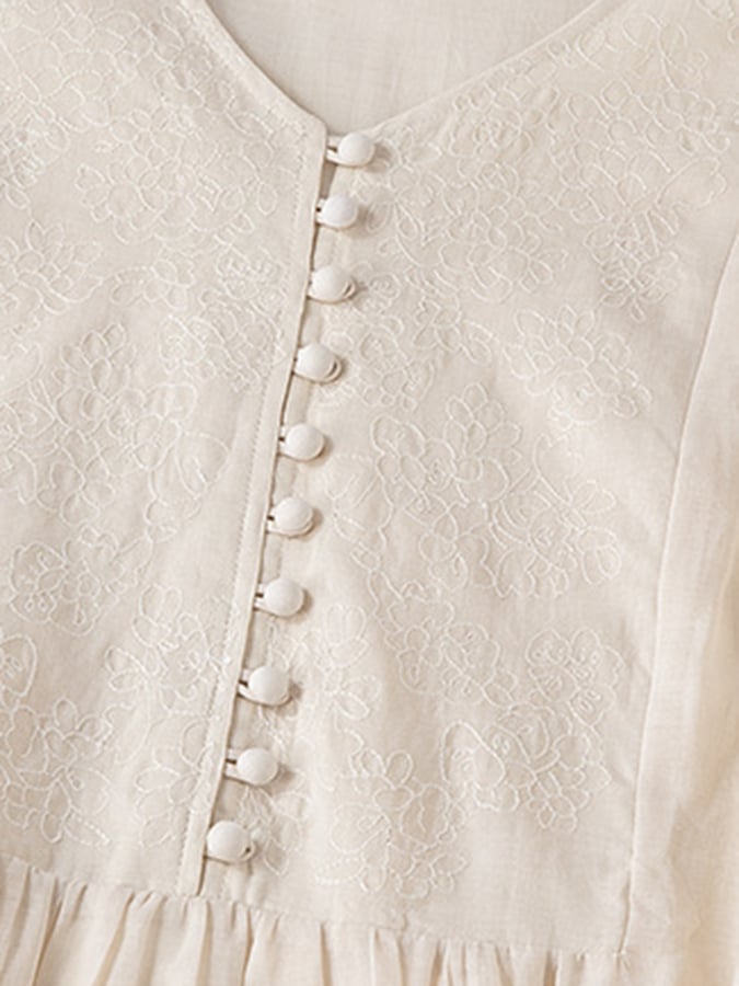 Lovevop Holiday Embroidered Medium Length Cotton Linen Artistic Dress