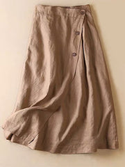 Lovevop Cotton Linen Button Half Elastic Waist Casual Skirt