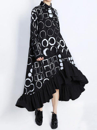 lovevop Casual High-Low Long Sleeves Polka-Dot Printed Falbala Black Midi Dress