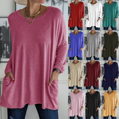 Round Neck Long Sleeve Pocket Solid T-Shirt