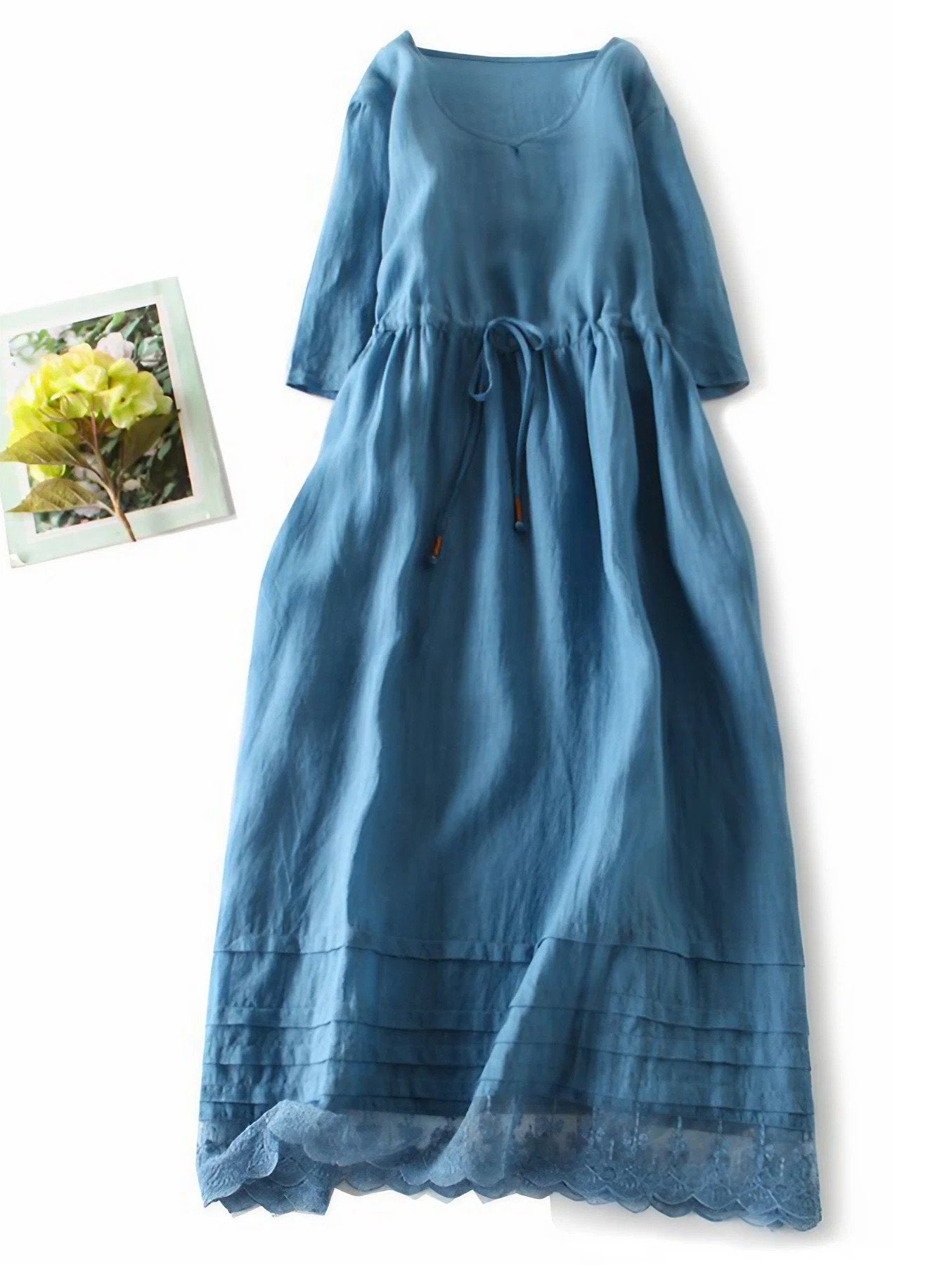 Lovevop Cotton And Linen Lace Up Round Neck Loose Dress