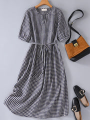 Lovevop Cotton And Linen Retro Loose And Slim Plaid Waistband Dress
