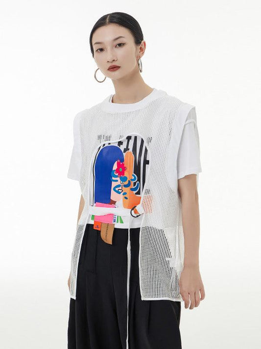 lovevop Original Short Sleeves Mesh Cartoon Printed Contrast Color Round-Neck T-Shirts Tops