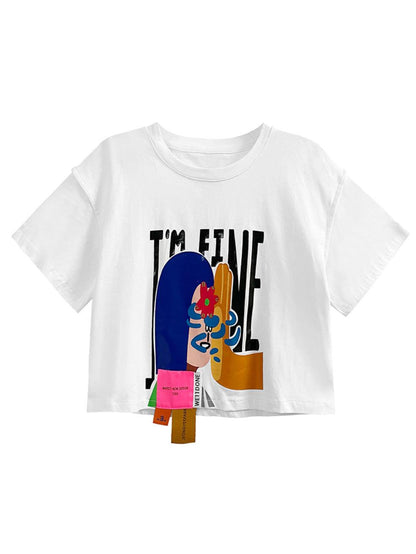 lovevop Original Short Sleeves Mesh Cartoon Printed Contrast Color Round-Neck T-Shirts Tops